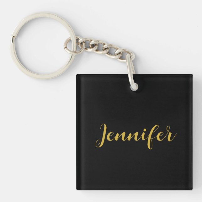 Modern Minimalist Calligraphy Name Black Gold Keychain (Front)