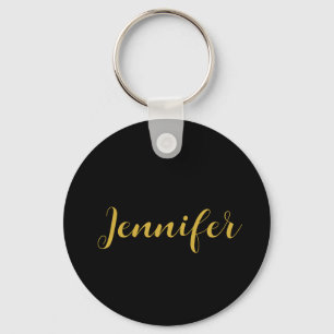 Modern Minimalist Calligraphy Name Black Gold Keychain