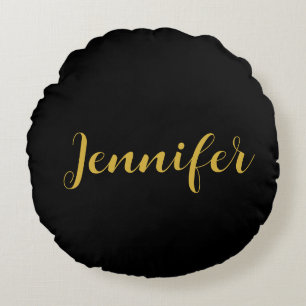 Modern Minimalist Calligraphy Name Black Gold Round Pillow