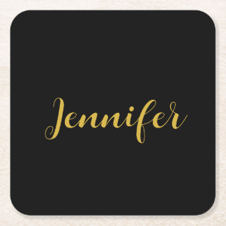Modern Minimalist Calligraphy Name Black Gold Square Paper Coaster