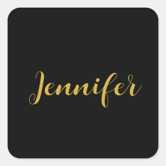 Modern Minimalist Calligraphy Name Black Gold Square Sticker