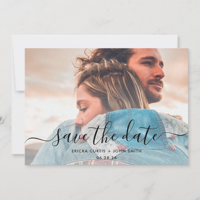 Modern Minimalist Calligraphy Photo Save The Date (Front)