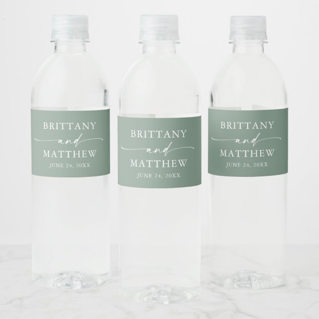 Modern Minimalist Calligraphy Sage Green Wedding Water Bottle Label (Bottles)