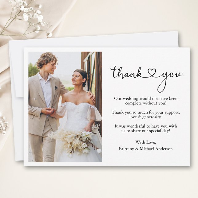 Modern Minimalist Calligraphy Script Heart Wedding Thank You Card (Customize to add text or more photos to back of card.)