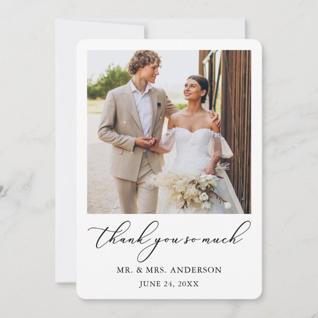 Modern Minimalist Calligraphy Wedding Photo Thank You Card (Front)