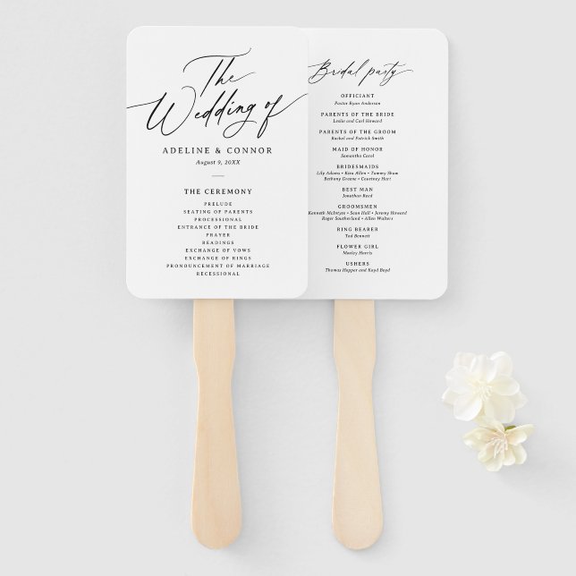 Modern Minimalist Calligraphy Wedding Program Hand Fan (Front and Back)