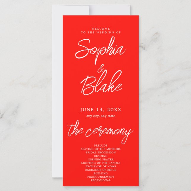 Modern Minimalist Candy Apple Red Wedding Program (Front)