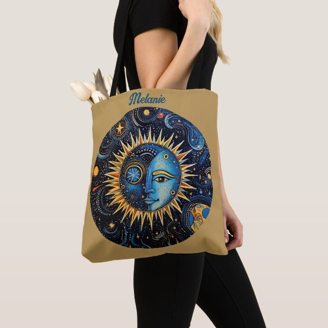 Modern Minimalist Celestial Sun Moon Monogram Tote Bag (Close Up)