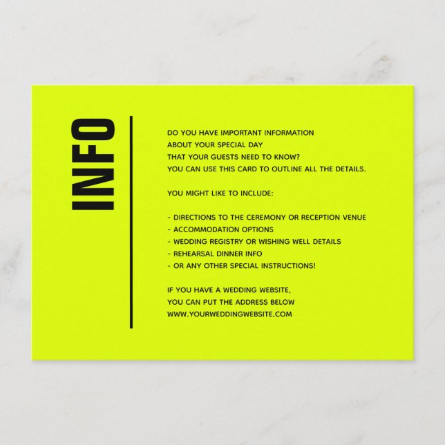 Modern Minimalist Chartreuse Wedding Details Info Enclosure Card (Front)