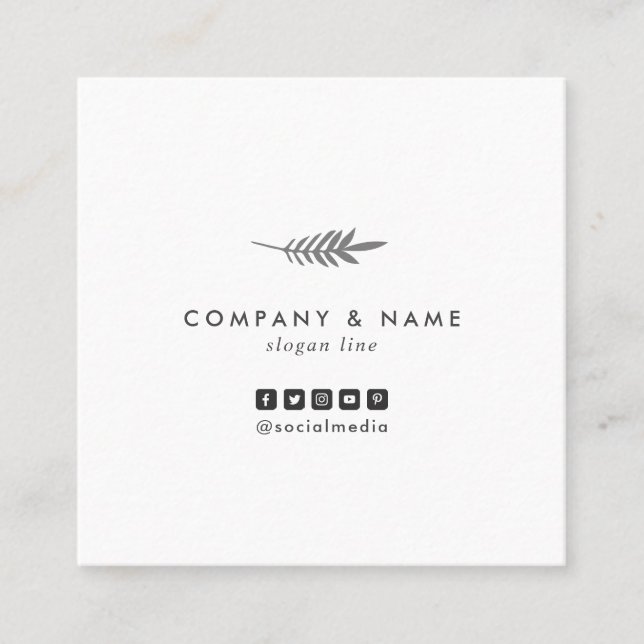 Modern Minimalist Chic Elegant Leaf White & Grey Square Business Card (Front)