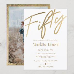 Modern minimalist chic gold photo surprise fifty invitation