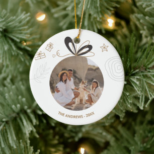 Modern Minimalist Christmas Four Photo Ceramic Ornament