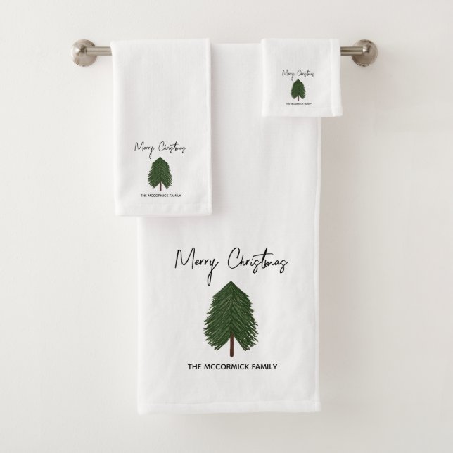 Modern Minimalist Christmas Tree Monogram Custom Bath Towel Set (Insitu)