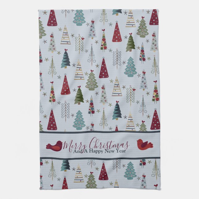 Modern Minimalist Christmas Tree Pattern Blue Red Kitchen Towel (Vertical)
