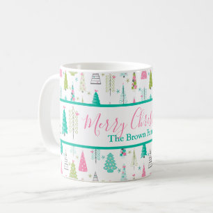 Modern Minimalist Christmas Tree Pattern Pink Teal Coffee Mug