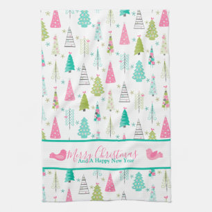 Modern Minimalist Christmas Tree Pattern Pink Teal Kitchen Towel