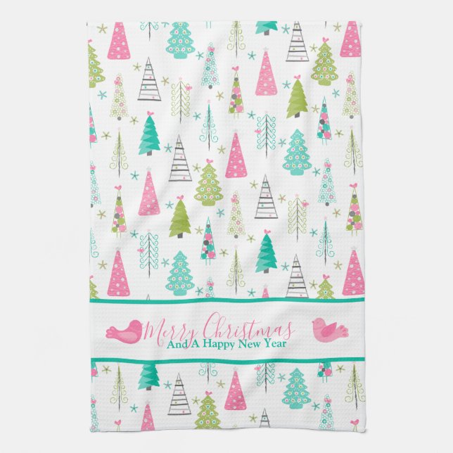Modern Minimalist Christmas Tree Pattern Pink Teal Kitchen Towel (Vertical)
