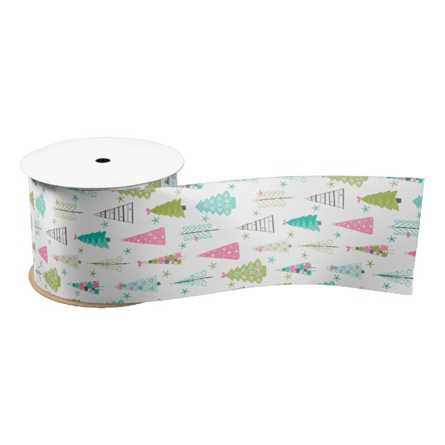 Modern Minimalist Christmas Tree Pattern Pink Teal Satin Ribbon (Spool)
