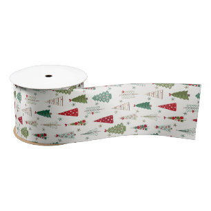 Modern Minimalist Christmas Tree Pattern Red Green Satin Ribbon