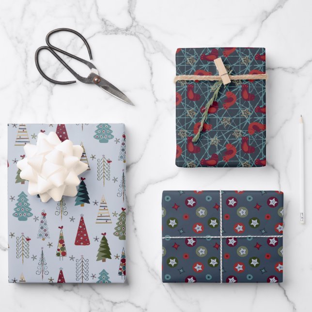 Modern Minimalist Christmas Tree Set Blue Red Wrapping Paper Sheet (Front)