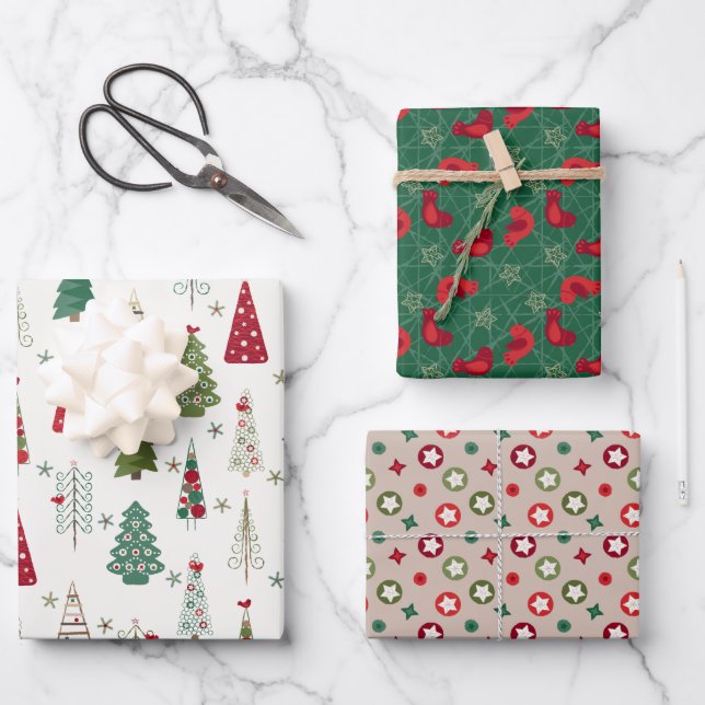 Modern Minimalist Christmas Tree Set Red Green Wrapping Paper Sheet (Front)