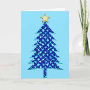 Modern Minimalist Christmas Tree with Blue Stars  Holiday Card
