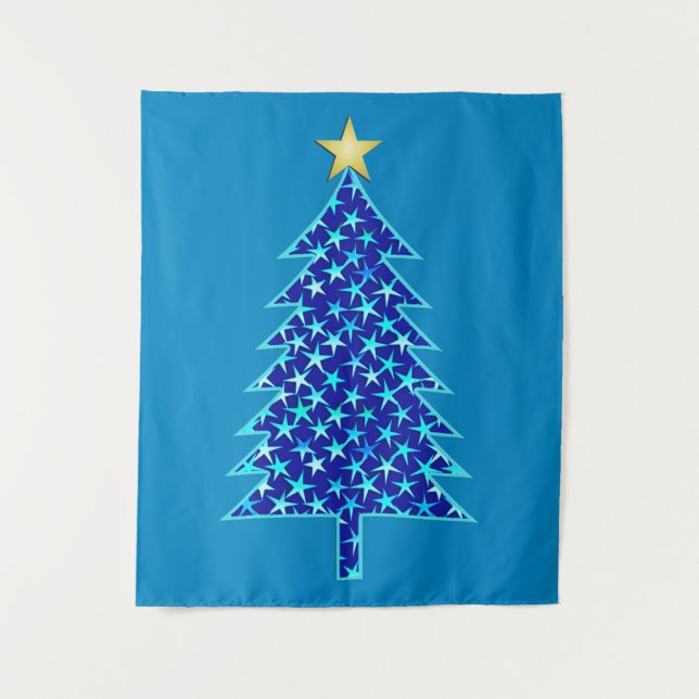 Modern Minimalist Christmas Tree with Blue Stars Tapestry (Front)