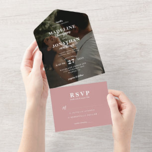 Modern Minimalist Classy Photo Wedding Dusty Pink All In One Invitation