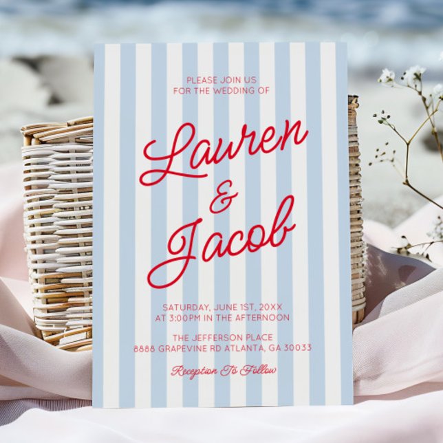 Modern Minimalist Coastal Red Blue Stripes Wedding Invitation (Creator Uploaded)
