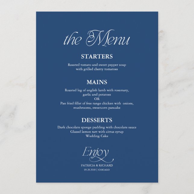 Modern Minimalist Cobalt Blue Wedding Menu (Front)