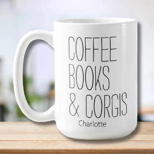 Modern Minimalist Coffee Books & Corgis Add Name  Mug