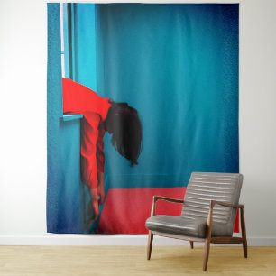 Modern Minimalist Conceptual Woman in Red Tapestry