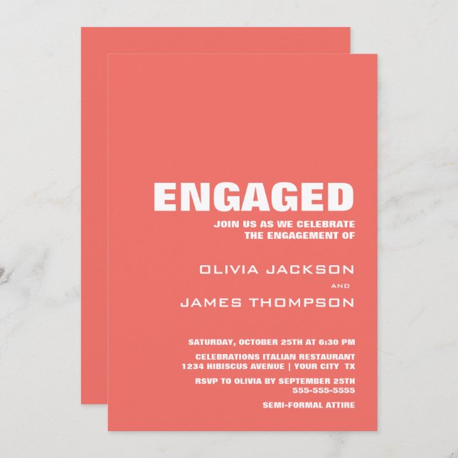 Modern Minimalist Coral Engagement Party Invitation (Front/Back)