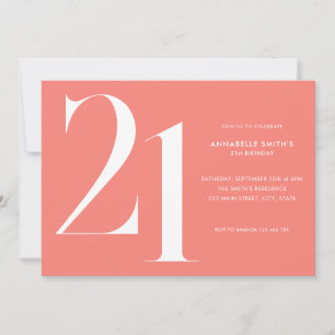Modern Minimalist Coral Pink 21st Birthday Invitation