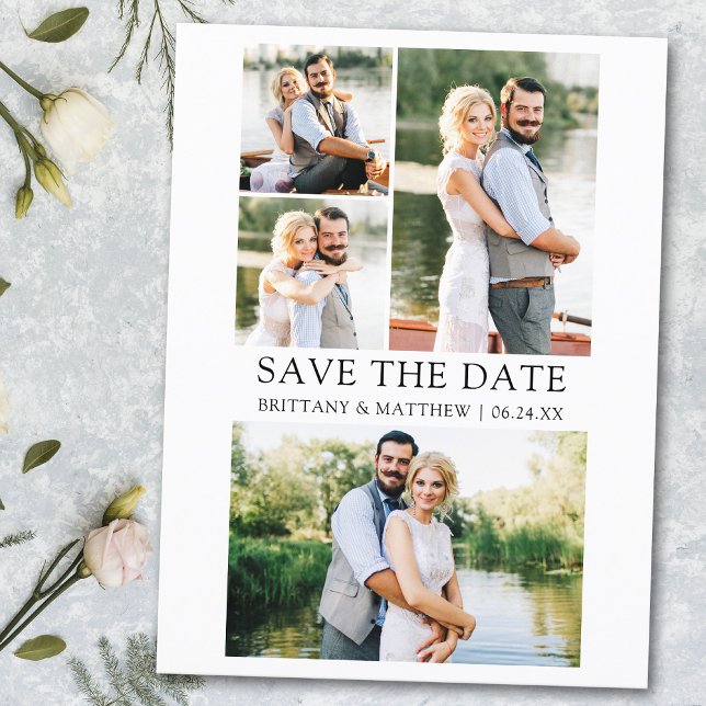 Modern Minimalist Couple 4 Photos Save the Date Postcard (Customize to change text size or text style.)