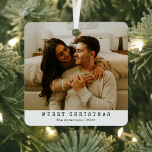 Modern Minimalist Couple Photo Christmas Metal Ornament