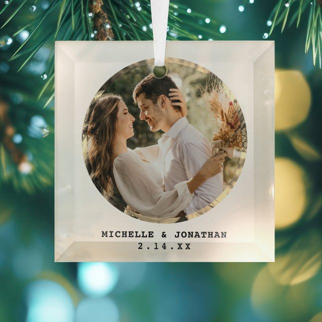 Modern Minimalist Couple Wedding Photo Glass Ornament (Creator Uploaded)