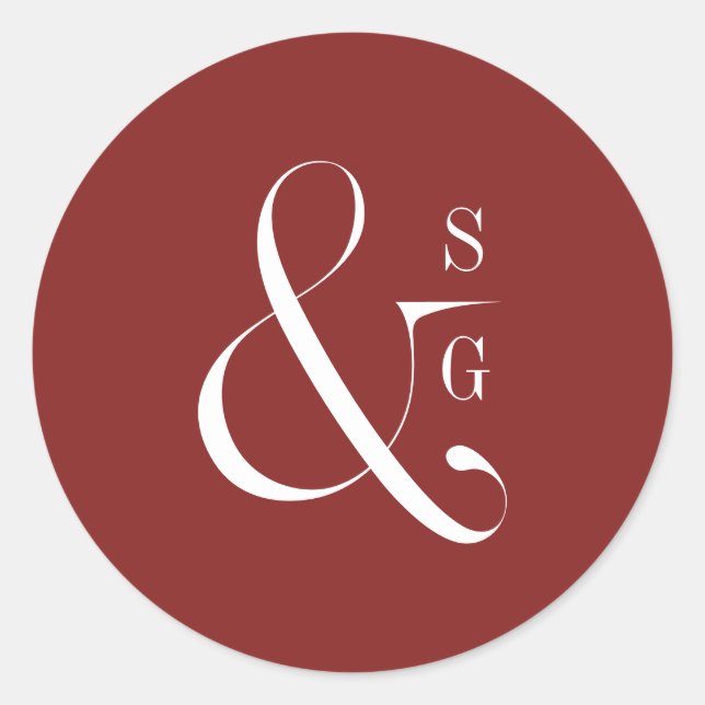 Modern minimalist couple's monogram burgundy classic round sticker (Front)