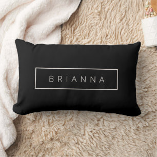 Modern Minimalist Cream Custom Name on Black Lumbar Pillow