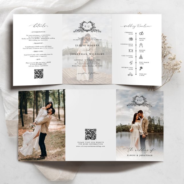 Modern Minimalist Crest monogram Wedding Invite (Modern Minimalist Crest monogram tri fold photo Wedding Invite / announcement with QR code timeline)