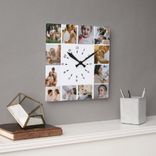 Modern Minimalist  Custom Photo Collage Family Square Wall Clock