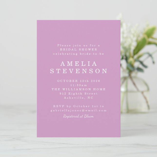 Modern Minimalist Cute Chic Bridal Shower Purple Invitation (Standing Front)