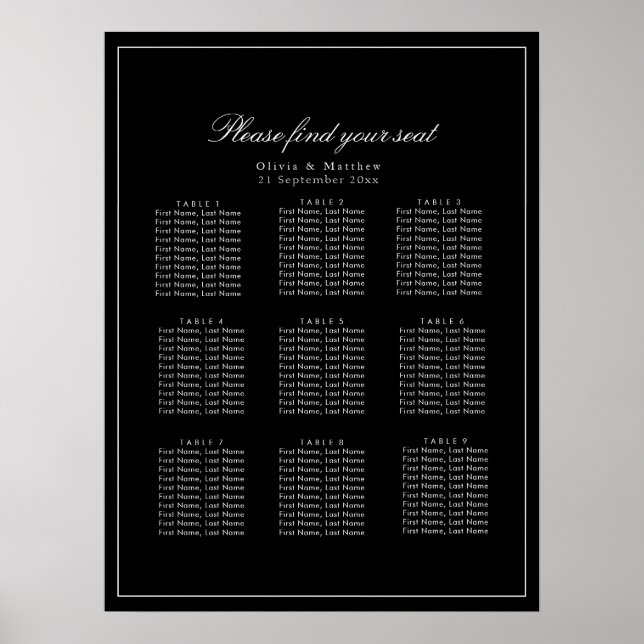 Modern Minimalist dark Black Wedding Seating Chart (Front)