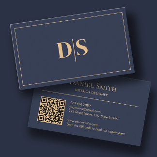 Modern Minimalist Dark Blue Initials QR Code Business Card