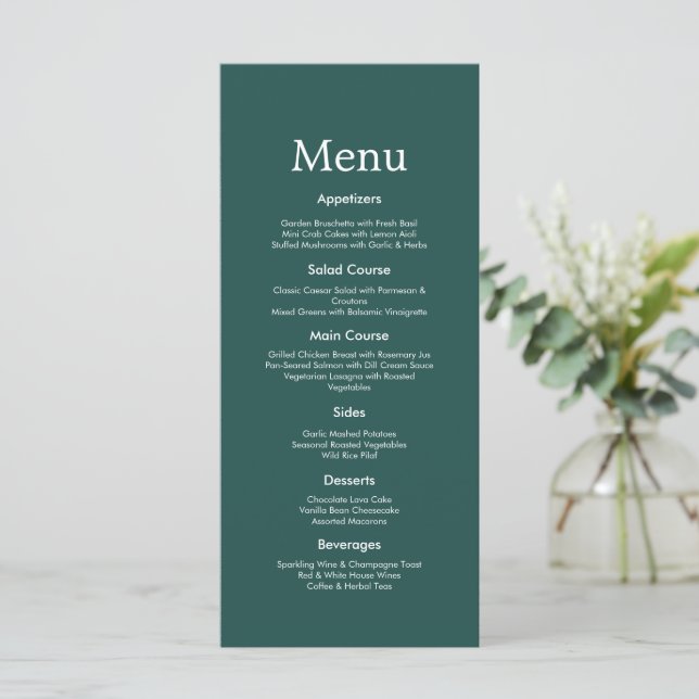 Modern Minimalist Dark Green Wedding Menu Card (Standing Front)