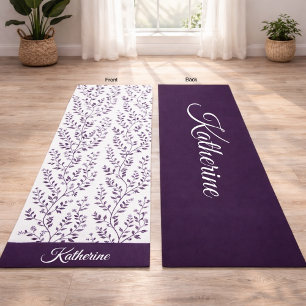 Modern Minimalist Dark Plum White Floral Script Yoga Mat