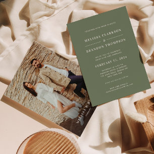 Modern Minimalist Deep Sage Green Photo Wedding  Invitation
