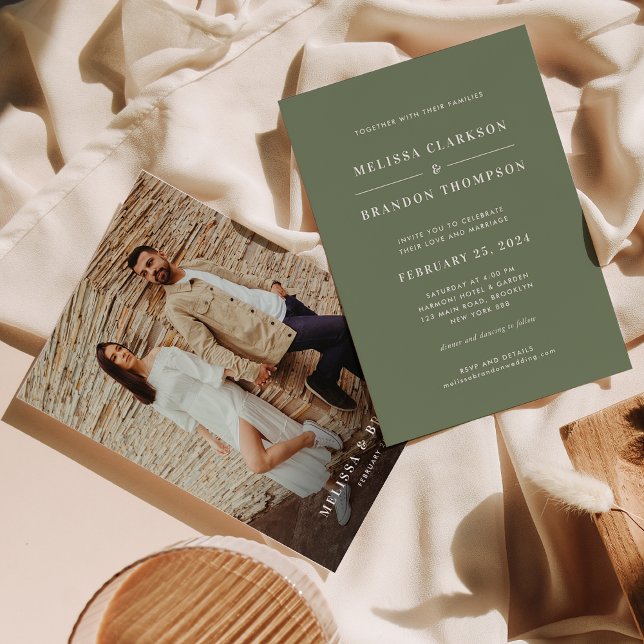 Modern Minimalist Deep Sage Green Photo Wedding  Invitation (Creator Uploaded)