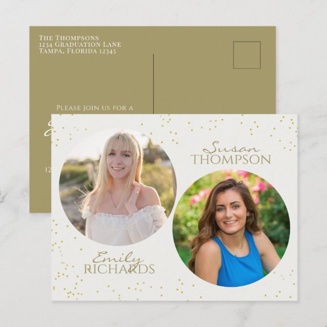 Modern Minimalist Double Graduation Party Gold Postcard (Front/Back)