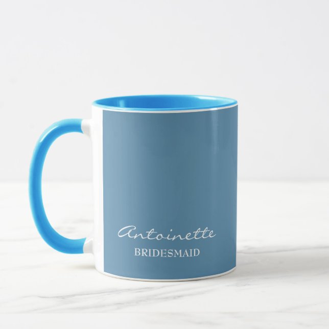 Modern Minimalist Dusty Blue Bridesmaid Script Mug (Left)